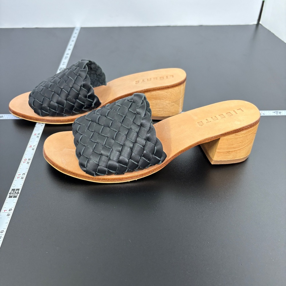 Liberte Womens Santorini Woven Leather Wood Block Heel Slide Sandals 9 Black